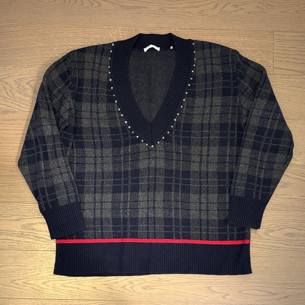 Sandro Paris plaid sweater with embellished neckline